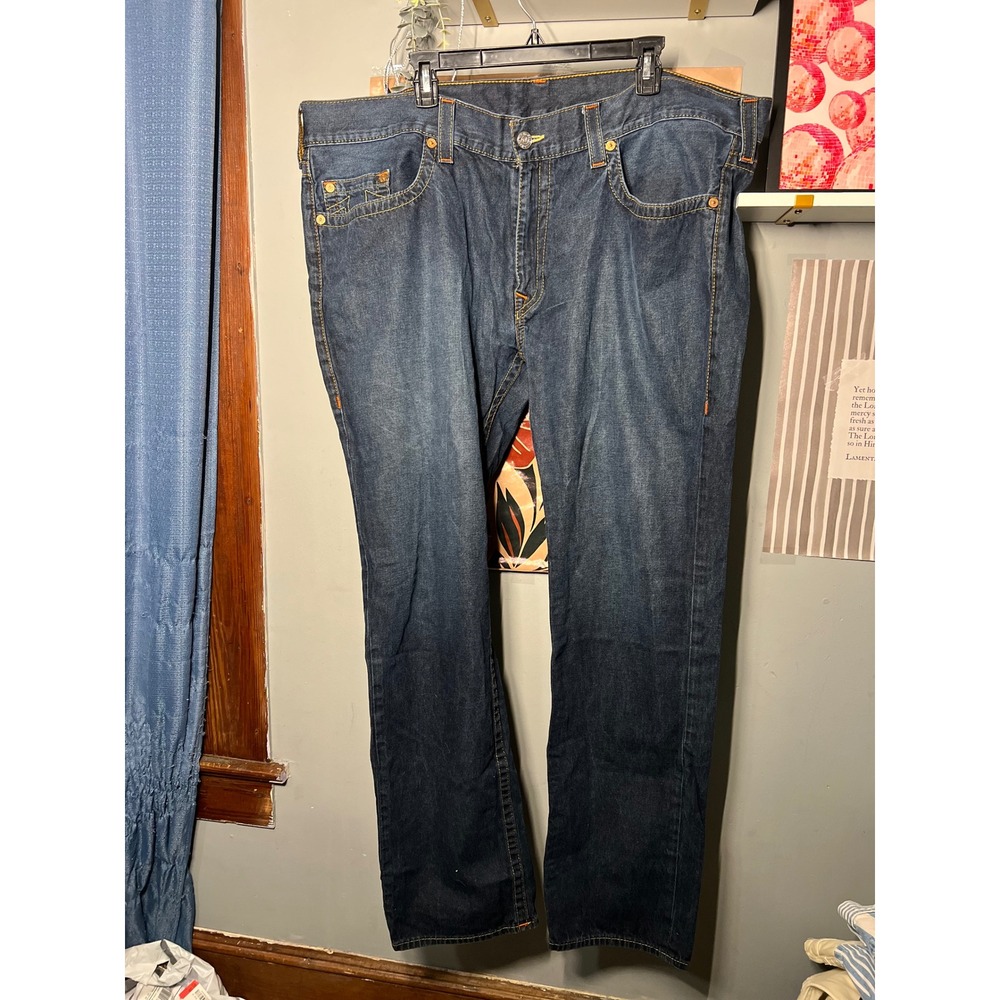 True Religion Skinny Jeans Mens 42x34 Dark Wash Denim Horseshoe Logo Blue - Picture 2 of 6